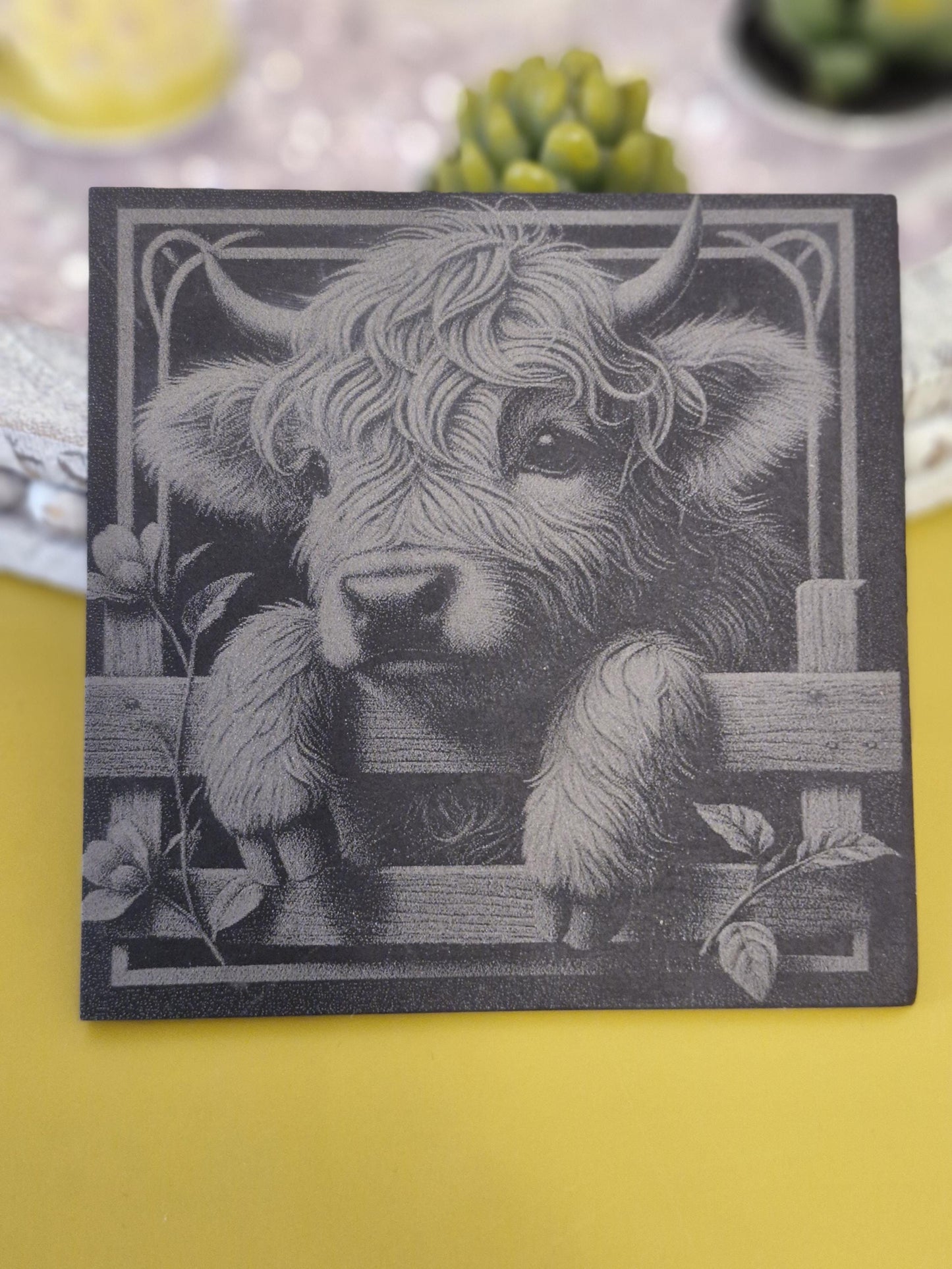 Baby Highland Cow Slate Coaster - Square